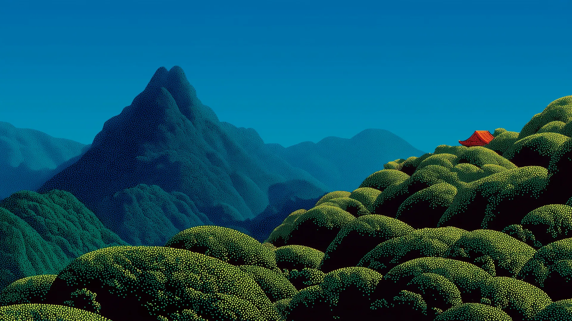 Illustration in a stippled print style: a steep blue-green peak and ridges under a clear blue sky, a dense jungle canopy in the foreground, and a small vermilion temple roof among the trees.